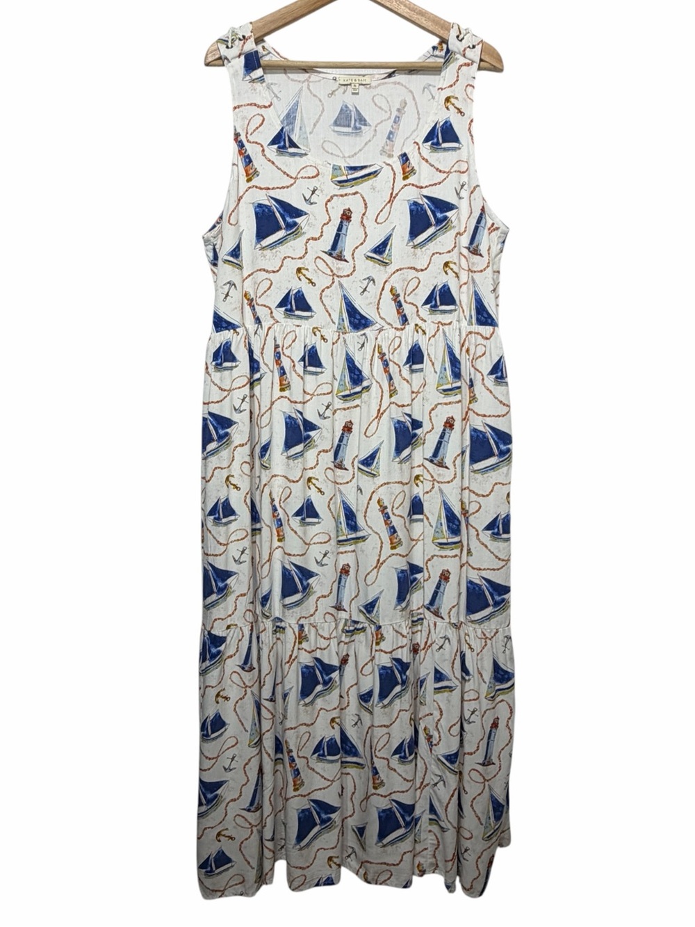 Kate & Sam Nautical White Blue Sleeveless Maxi Dress Sz XL Lighthouse Sailboat